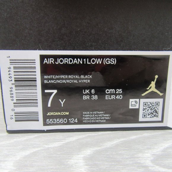 Air Jordan 1 Low GS Size 7Y White Hyper Royal Black Shoes NEW - Picture 14 of 14